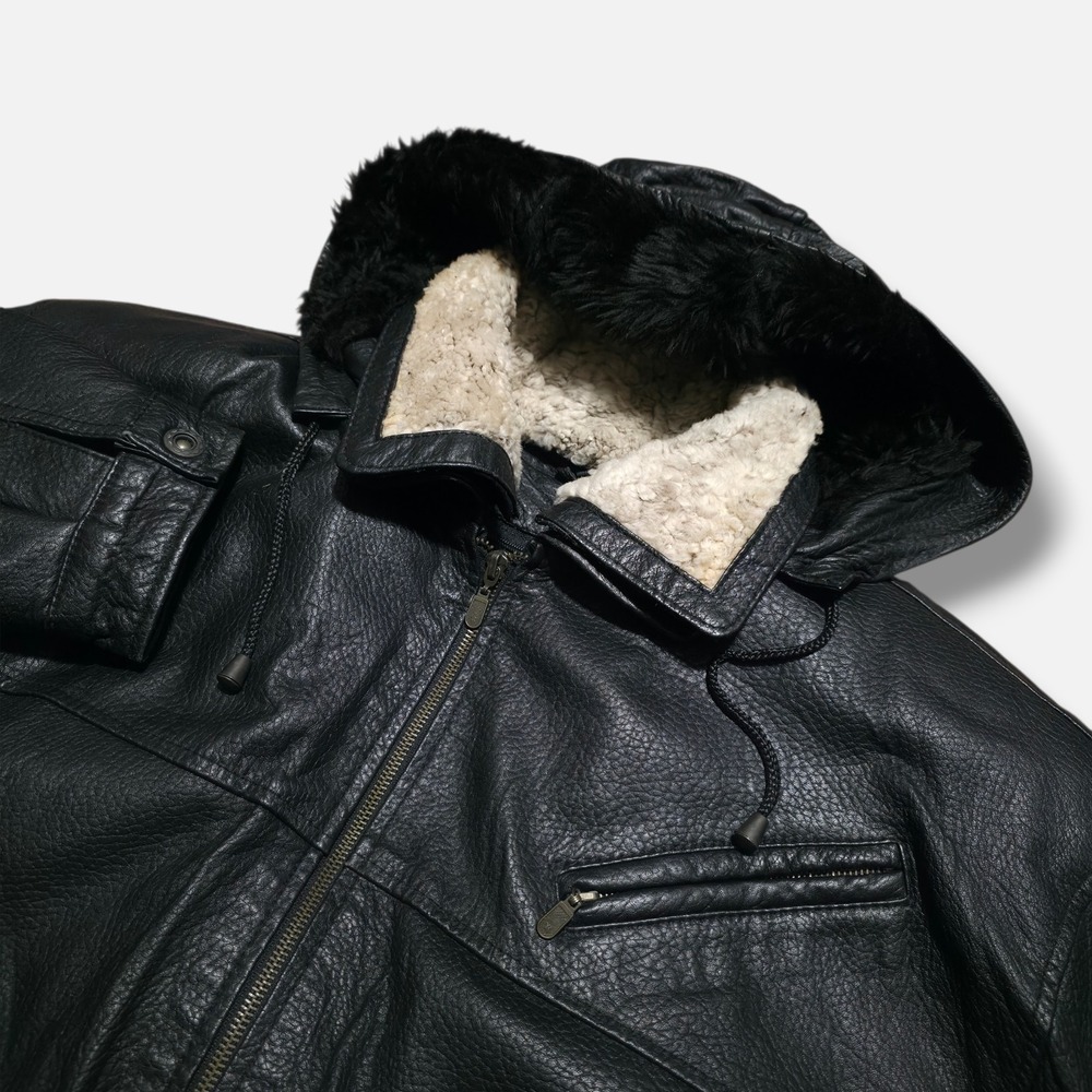 Toskana Club Black Leather Pilot Bomber Jacket Mens Medium HEAVY Hooded‎ Coat